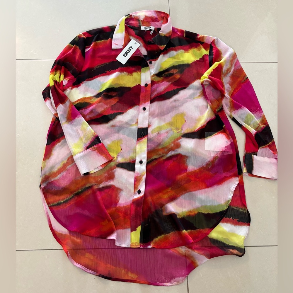 DKNY Red and Yellow Abstract Blouse